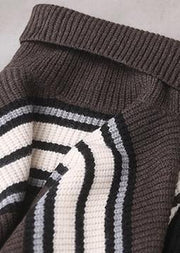 Pullover khaki striped knitted clothes plus size winter knitted blouse high neck - SooLinen