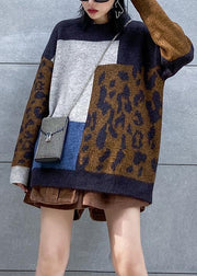 Pullover o neck Leopard knit sweat tops plus size patchwork color knit blouse - SooLinen