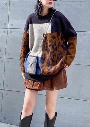 Pullover o neck Leopard knit sweat tops plus size patchwork color knit blouse - SooLinen
