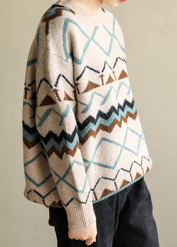 Pullover o neck khaki Geometry knitwear casual wild knit top silhouette - SooLinen