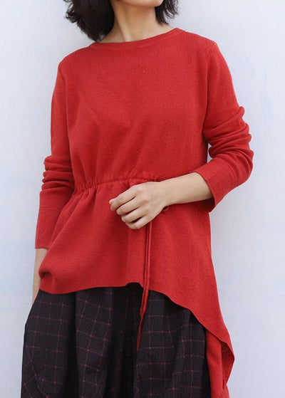 Pullover o neck red knit tops plus size drawstring asymmetric crane tops - SooLinen