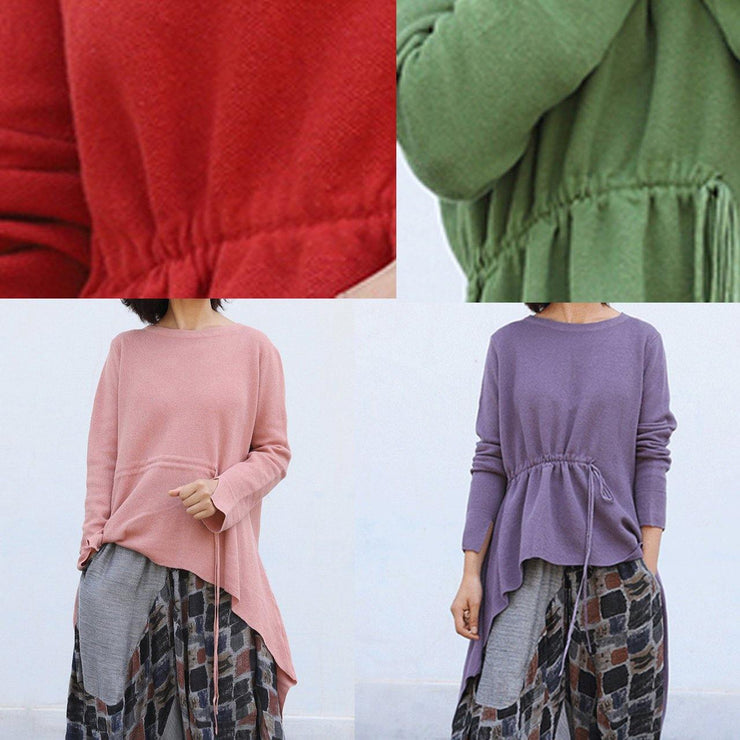 Pullover o neck red knit tops plus size drawstring asymmetric crane tops - SooLinen
