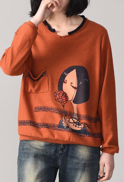 Pullover orange Cartoon print knit blouse fall fashion  knitwear pockets - SooLinen