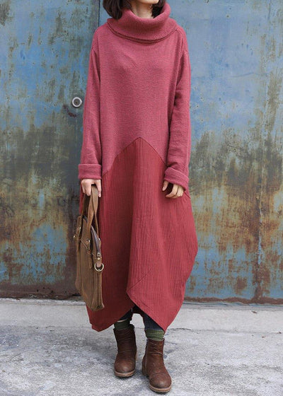 Pullover patchwork Sweater high neck dress outfit Design red Mujer sweater dress - SooLinen