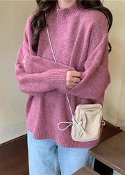 Pullover pink knitted pullover high neck plus size knitwear - SooLinen