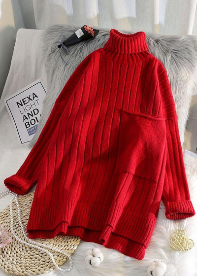 Pullover red clothes For Women one big pockets Loose fitting high neck knitwear - SooLinen