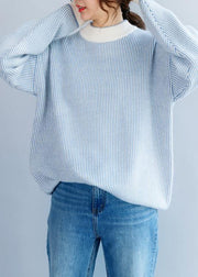 Pullover winter blue white striped knit sweat tops casual high neck crane tops - SooLinen