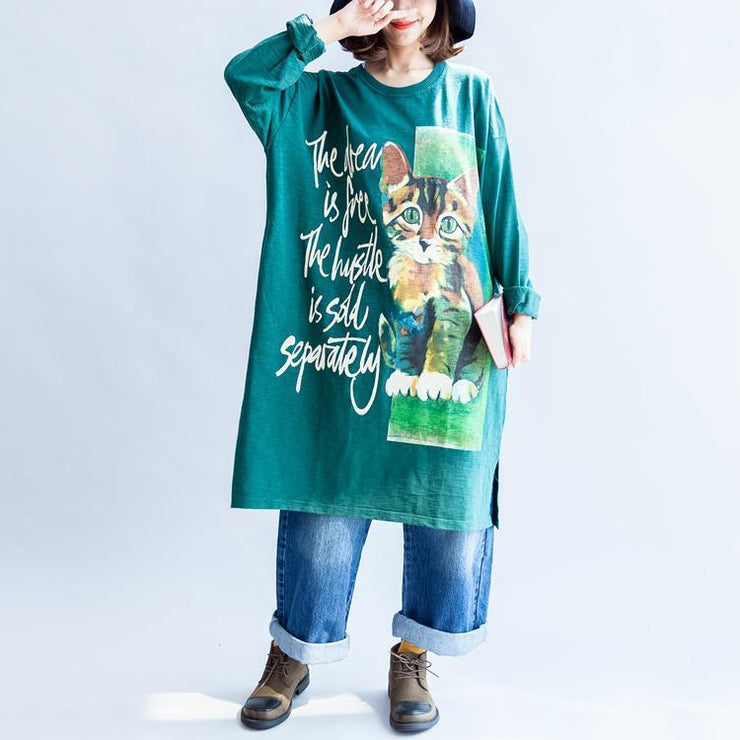 Übergroße Kleider mit grünem Katzendruck aus reiner Baumwolle plus lässige Pullover