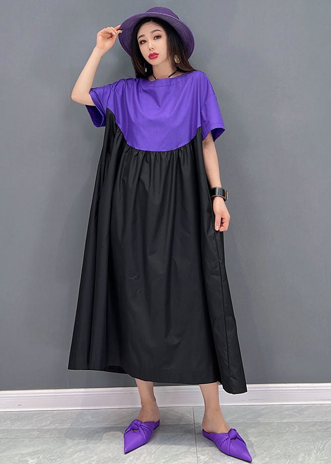 Purple Black Patchwork Cotton Loose Long Dress Wrinkled Short Sleeve