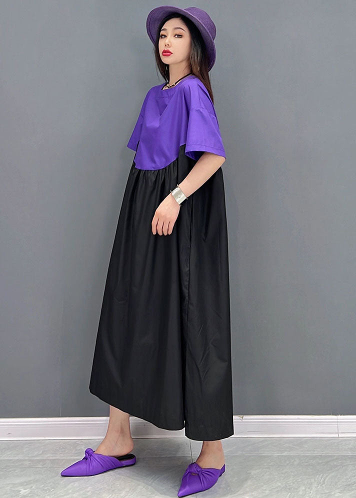 Lila schwarzes Patchwork-Baumwollloses langes Kleid mit zerknitterten kurzen Ärmeln