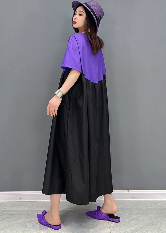 Lila schwarzes Patchwork-Baumwollloses langes Kleid mit zerknitterten kurzen Ärmeln