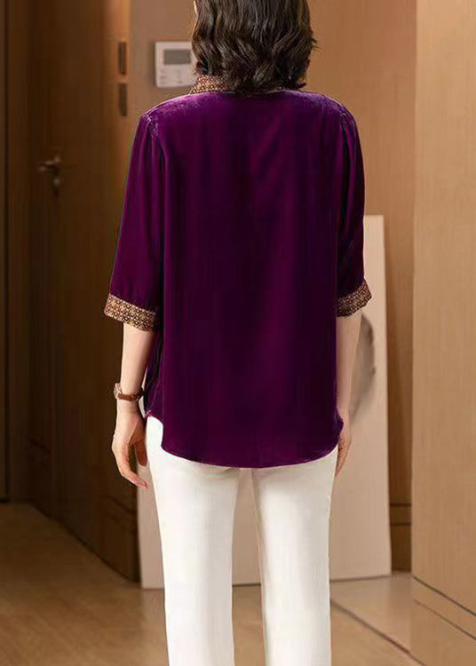 Purple Button Patchwork Silk Shirt Peter Pan Collar Fall