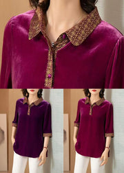 Purple Button Patchwork Silk Shirt Peter Pan Collar Fall