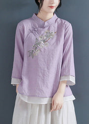 Purple Chinese Style Cotton Blouse Tops Layered Embroidered Three Quarter sleeve