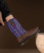 Purple Cowhide Leather Boho Embroideried Splicing Boots
