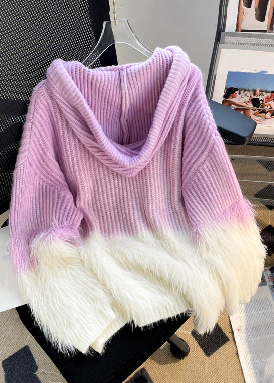 Purple Cozy Patchwork Top Mink Hair Knitted Hooded Long Sleeve