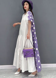 Purple Dot Print Cotton Long Dress Wear On Both sides Exra Large Hem Short Sleeve