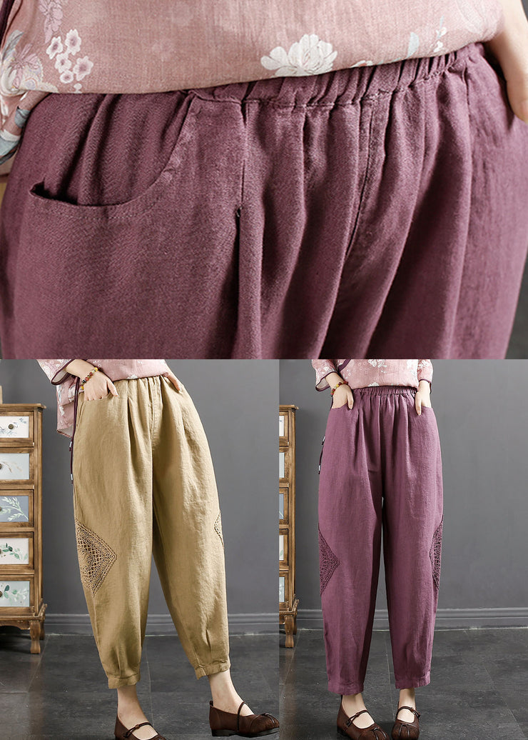 Purple Elastic Waist Pockets Patchwork Linen Harem Pants
