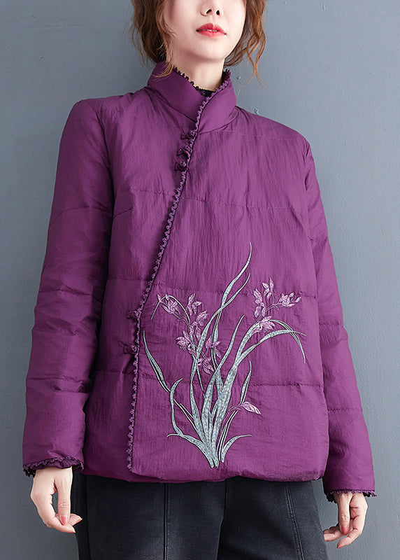 Purple Fine Cotton Filled Jackets Embroideried Stand Collar Winter