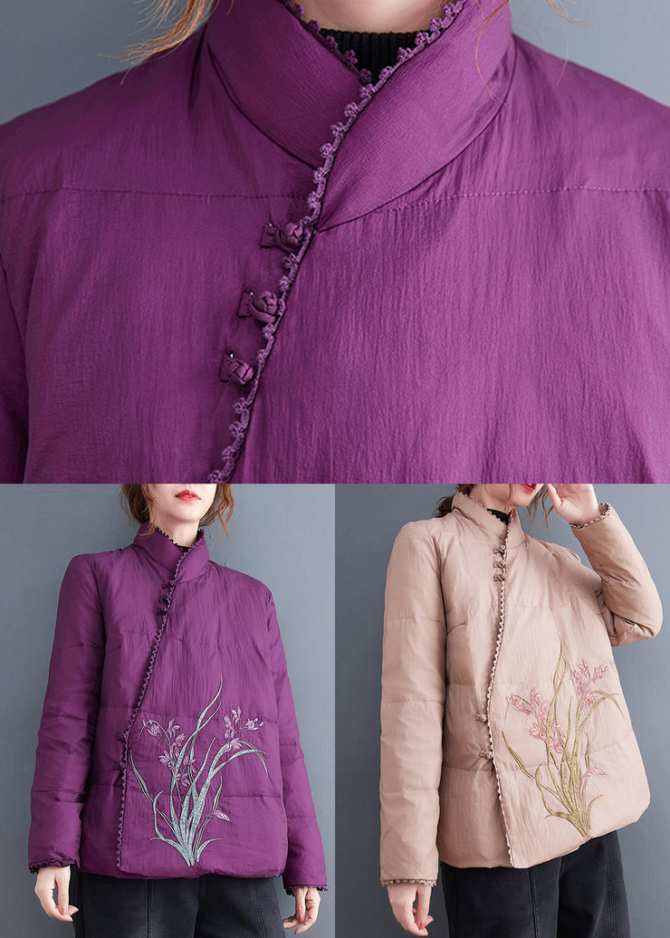 Purple Fine Cotton Filled Jackets Embroideried Stand Collar Winter