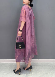 Purple Floral Tulle Long Dress Embroidered Summer