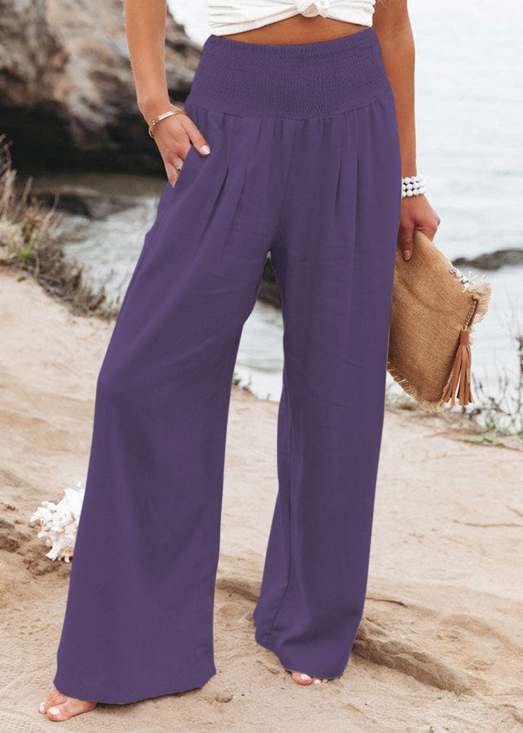 Purple High Waist Elastic Waist Linen Long Pants