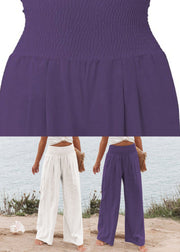 Purple High Waist Elastic Waist Linen Long Pants