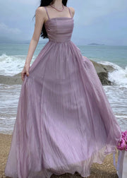 Purple High Waist Patchwork Cotton Spaghetti Strap Dress Wrinkled Sleeveless