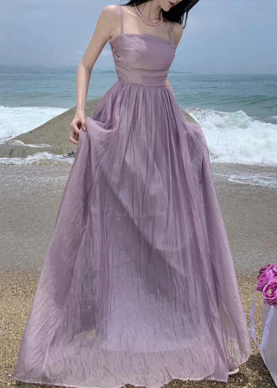 Purple High Waist Patchwork Cotton Spaghetti Strap Dress Wrinkled Sleeveless