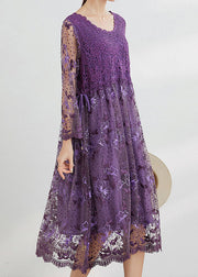 Purple Hollow Out Lace Patchwork Maxi Dresses O Neck Spring