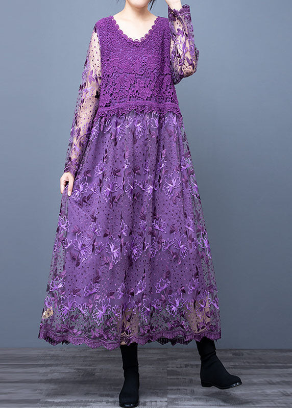 Purple Hollow Out Lace Patchwork Maxi Dresses O Neck Spring