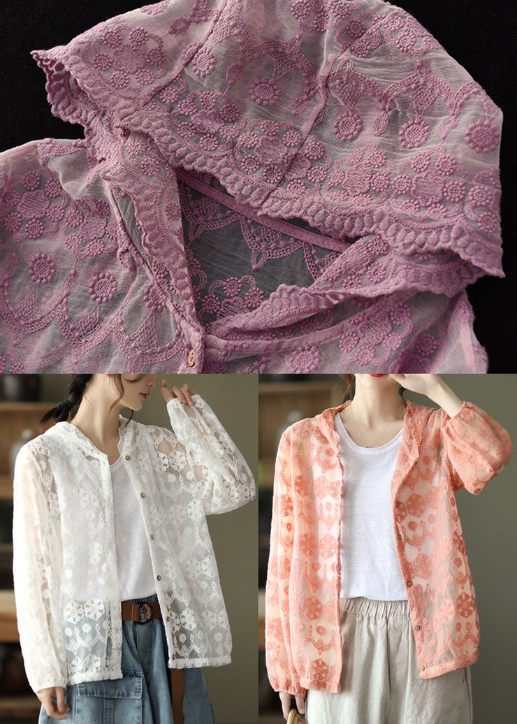 Purple Hollow Out Lace UPF 50+ Coat Cardigan Embroidered Long Sleeve