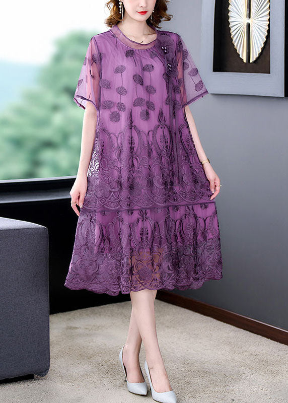 Purple Hollow Out Tulle Holiday Dress Embroidered Nail Bead Summer
