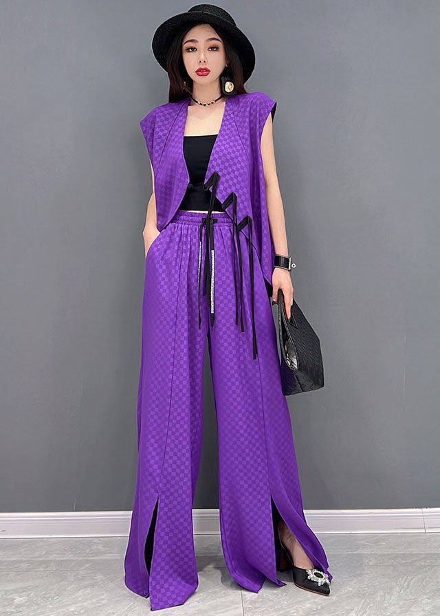 Purple Jacquard Chiffon Vest And Wide Leg Pants Two Pieces Set Elastic Waist Sleeveless