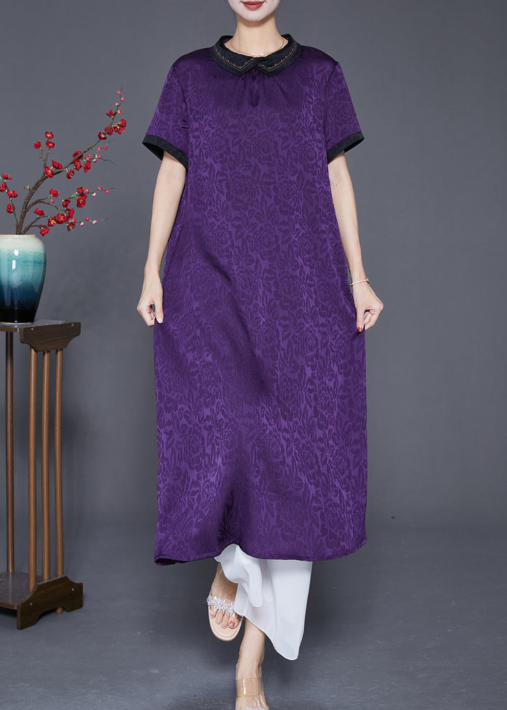 Purple Jacquard Silk Long Dress Oversized Turn-down Collar Summer