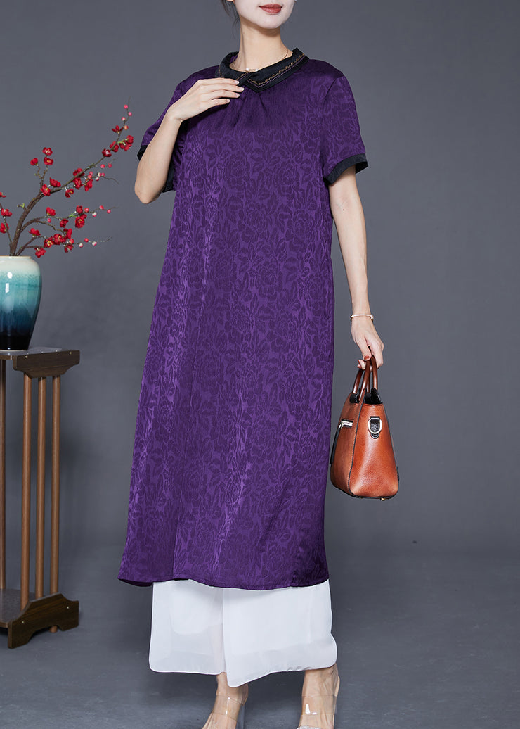 Purple Jacquard Silk Long Dress Oversized Turn-down Collar Summer