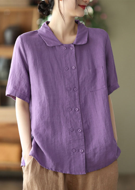 Purple Linen Blouses Peter Pan Collar Pocket Short Sleeve