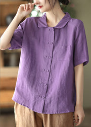 Purple Linen Blouses Peter Pan Collar Pocket Short Sleeve