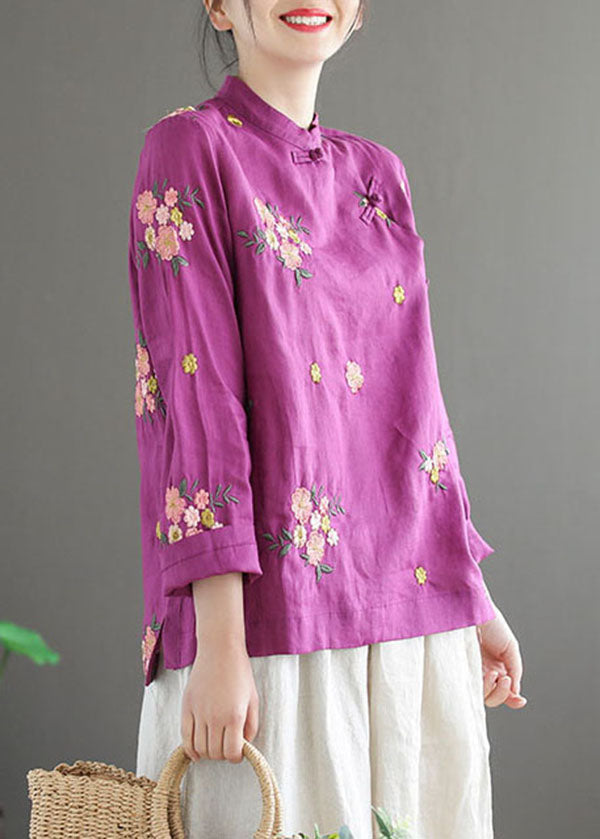 Purple Linen Chinese Style Blouses Embroidered Oriental Button Long Sleeve