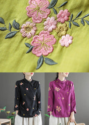Purple Linen Chinese Style Blouses Embroidered Oriental Button Long Sleeve
