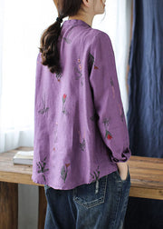 Purple Linen Shirts Top Stand Collar Embroidered Long Sleeve