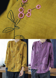 Purple Linen Shirts Top Stand Collar Embroidered Long Sleeve