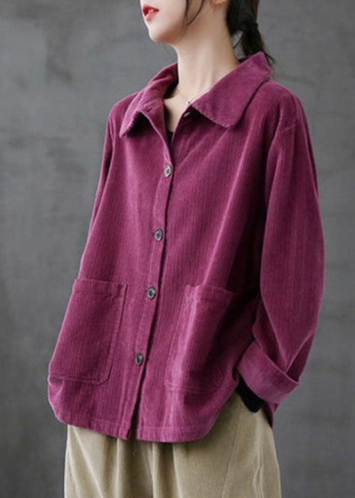 Purple Loose Pockets Shirt Top Long Sleeve Corduroy Coat - SooLinen