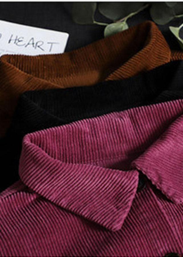 Purple Loose Pockets Shirt Top Long Sleeve Corduroy Coat - SooLinen