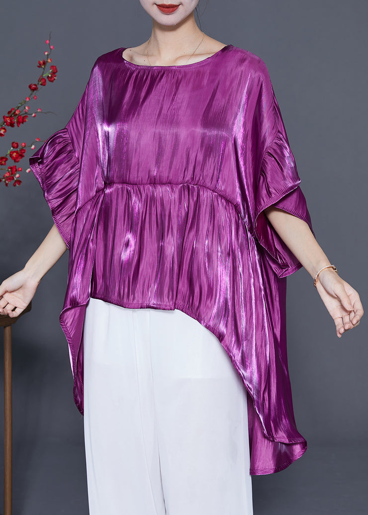 Purple Loose Silk Blouses O-Neck Low High Design Summer