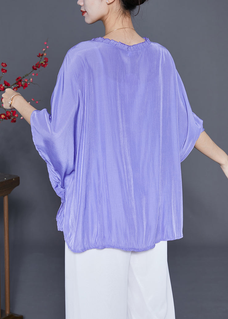Purple Loose Silk Shirt Tops Wrinkled Low High Design Summer