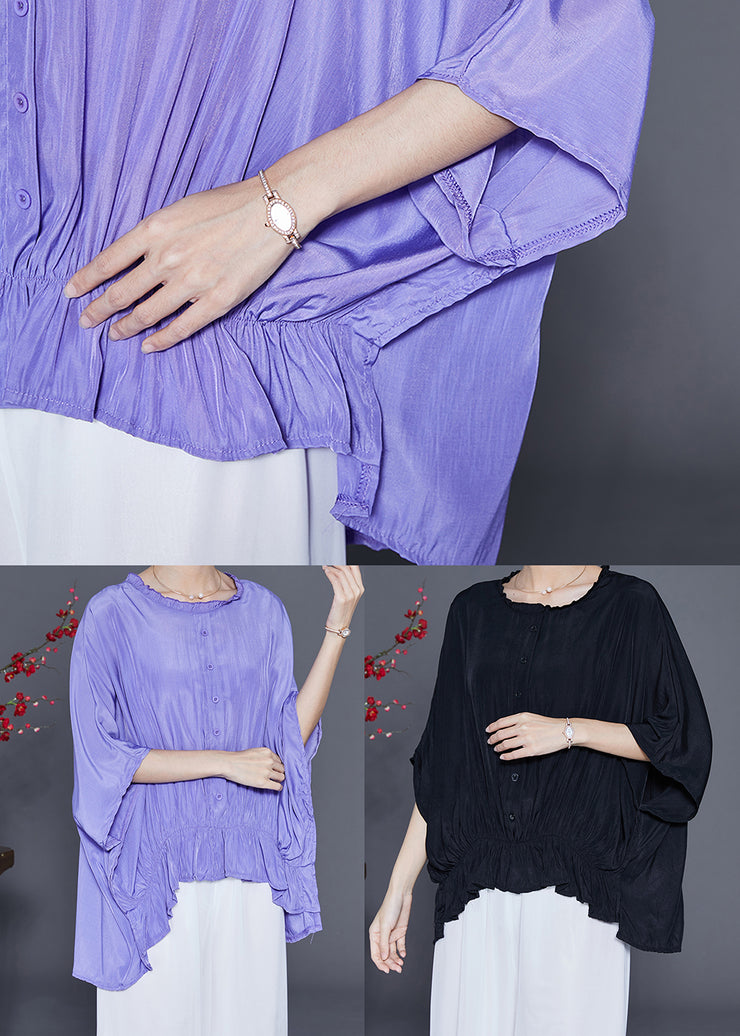 Purple Loose Silk Shirt Tops Wrinkled Low High Design Summer