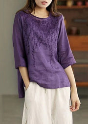 Purple Low High Design Patchwork Linen Tops Embroidered Half Sleeve