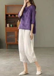 Purple Low High Design Patchwork Linen Tops Embroidered Half Sleeve