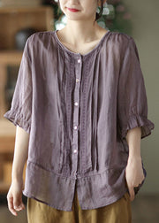 Purple O-Neck Patchwork Button Linen Shirt Half Sleeve